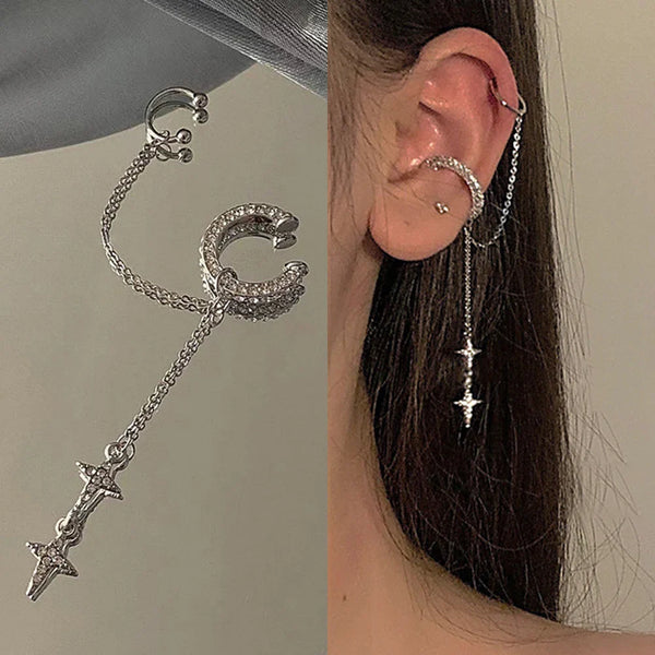 Tamxo™ Shiny Silver Crystal Tassel Star Ear Clip Earring – Non-Piercing, Trendy & Elegant