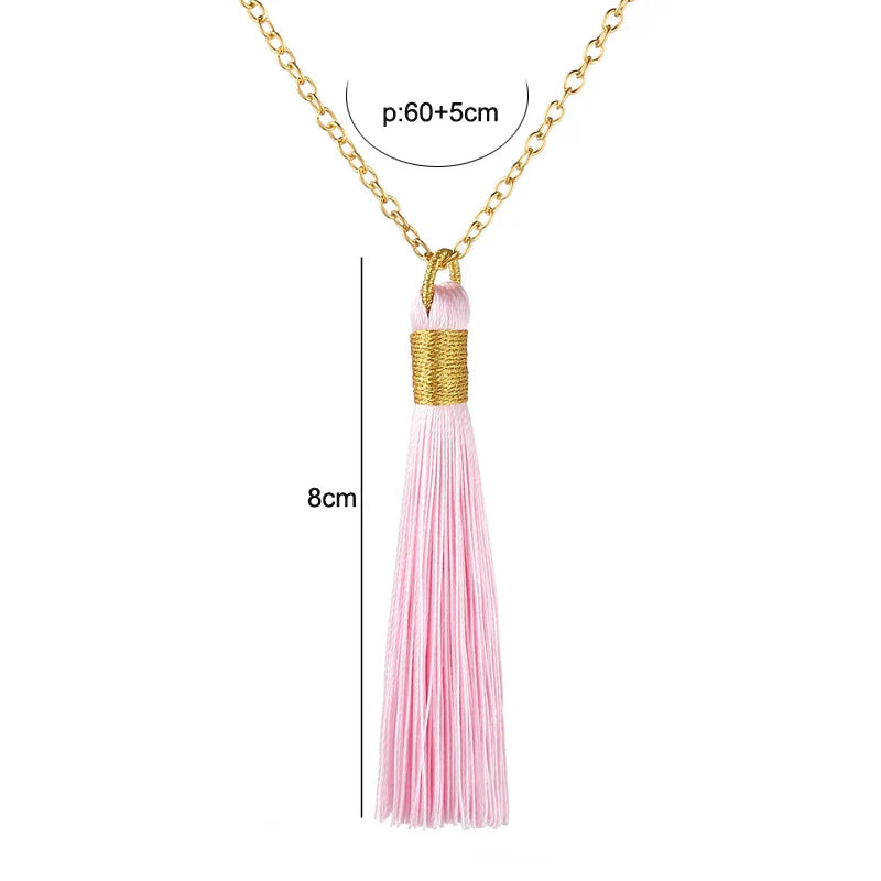 Bohemian Tassel Pendant Necklace by Tamxo™: Gold Tone Rope Silk Fabric Fringe Chain