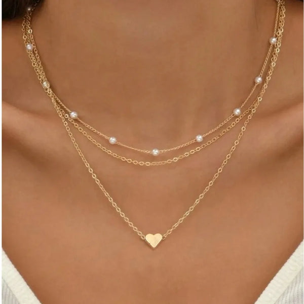 Tamxo™ 14K Gold Heart Pendant Pearl Necklace Set for Women