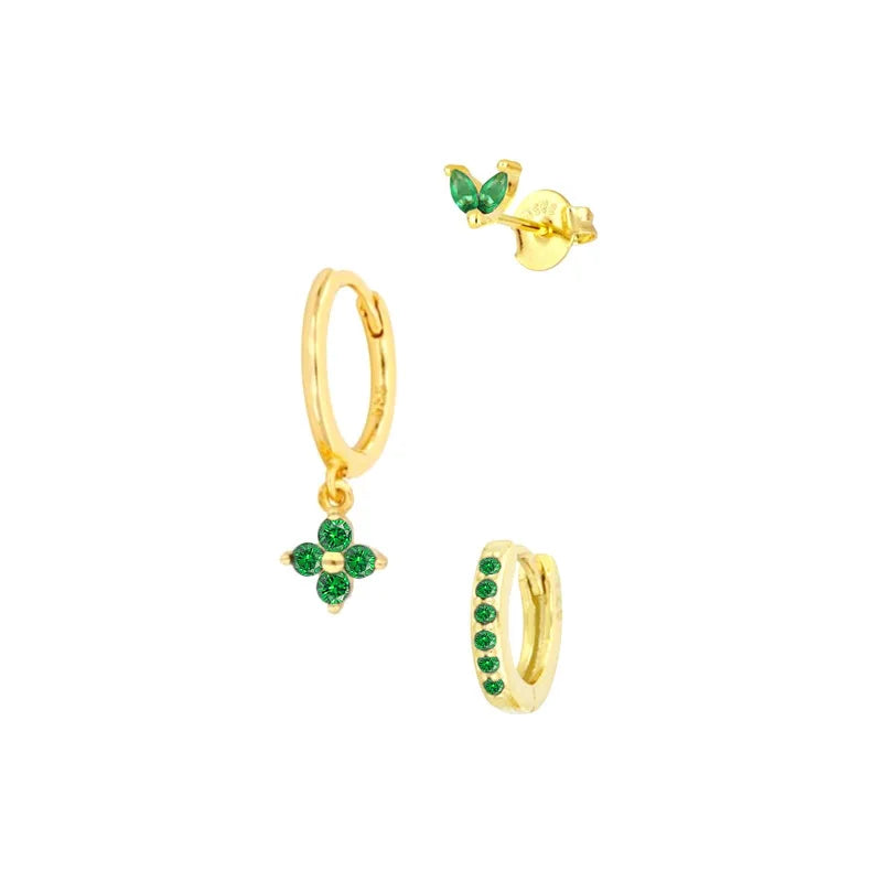 Tamxo™ Stainless Steel Green Crystal Zirconia Hoop Earrings Set, Geometric Cartilage Piercing Fashion Jewelry