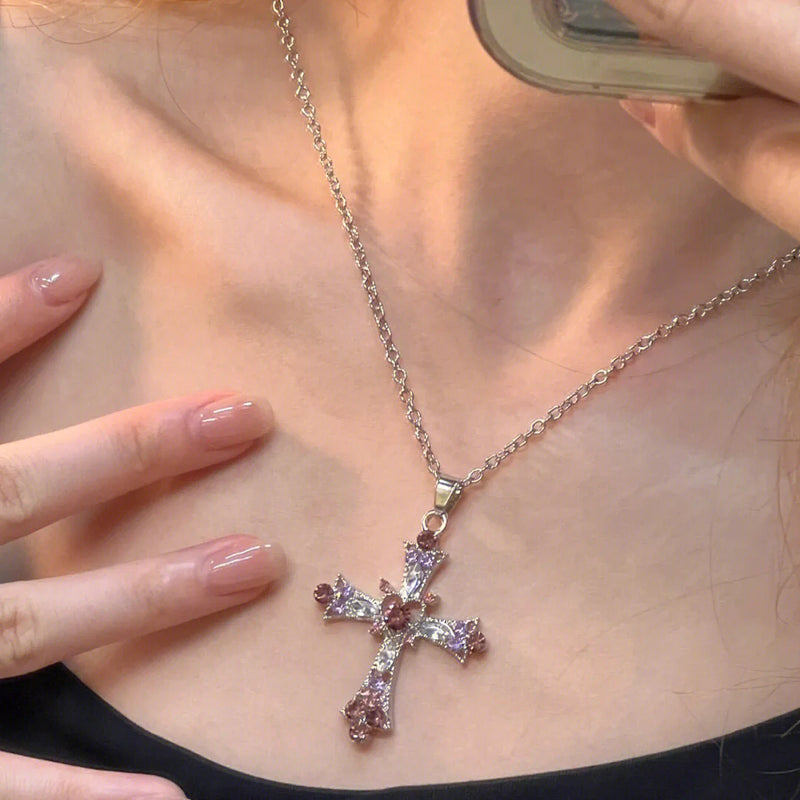 Tamxo™ Y2K Punk Cross Necklace with Pink Purple Zircon - Gothic Choker for Women