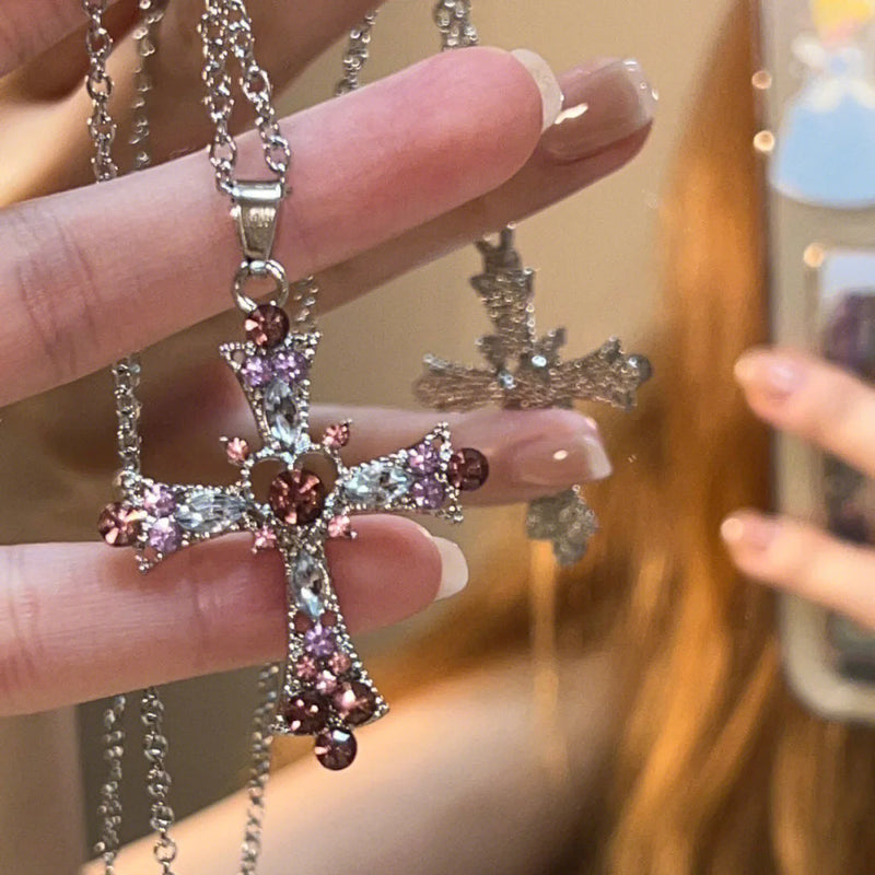 Tamxo™ Y2K Punk Cross Necklace with Pink Purple Zircon - Gothic Choker for Women