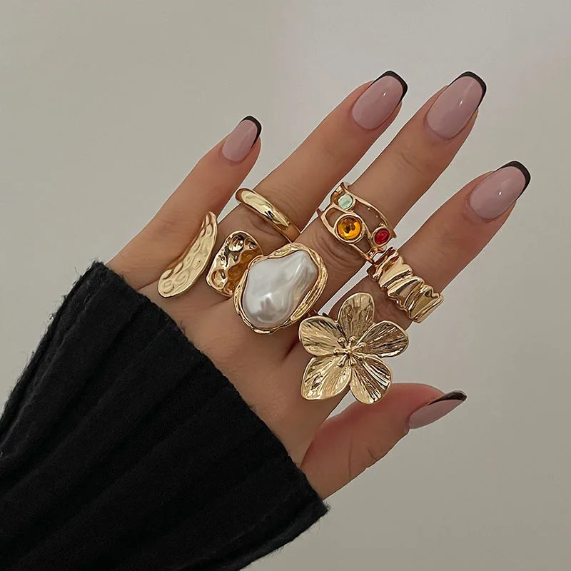 Tamxo™ Exaggerated Metal Flower Pearl Crystal Open Rings Set Vintage Luxury Jewelry