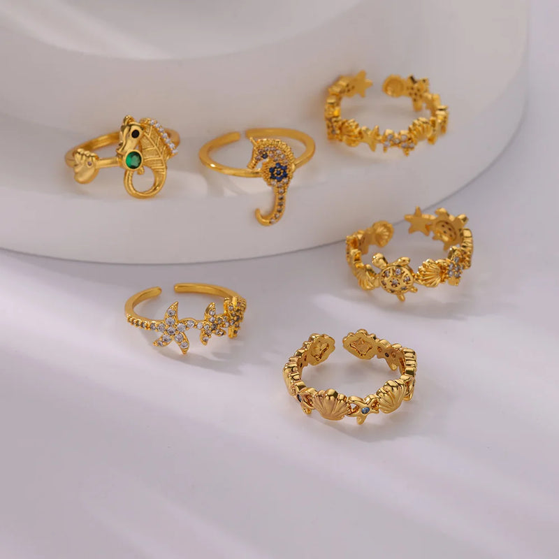 Tamxo™ Green Zircon Seahorse Stainless Steel Gold Color Open Ring - Women's Wedding Charm Jewelry