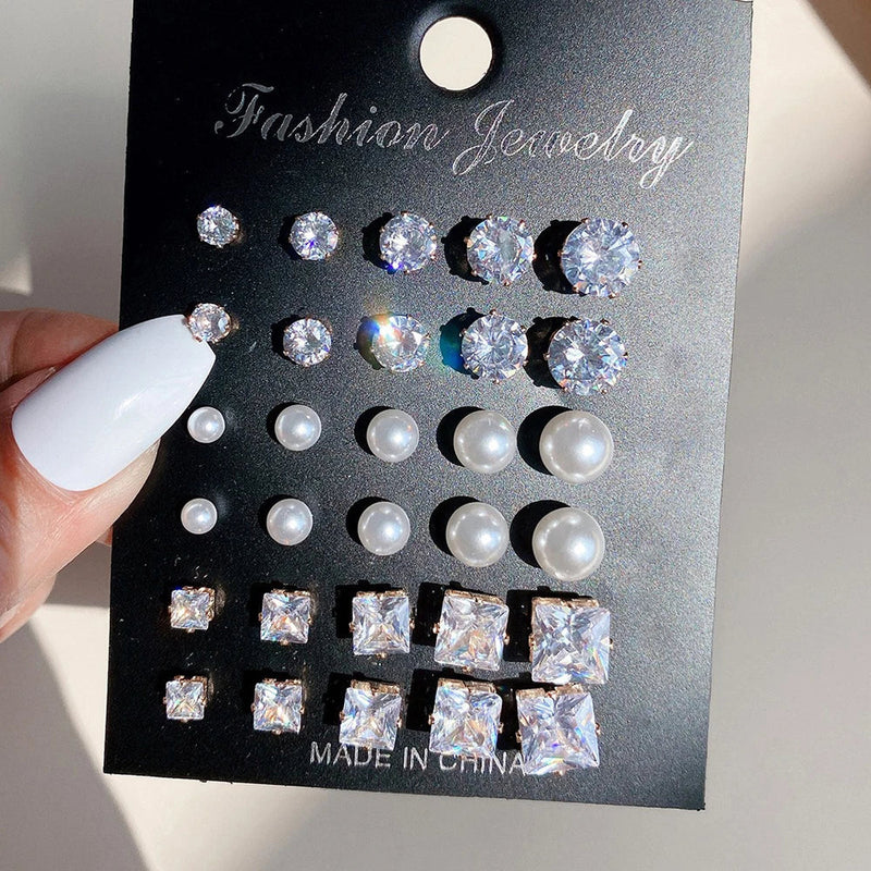 Tamxo™ Zircon Crystal Pearl Earrings Set - Silver Geometric Studs for Women - 2024 Trend Jewelry