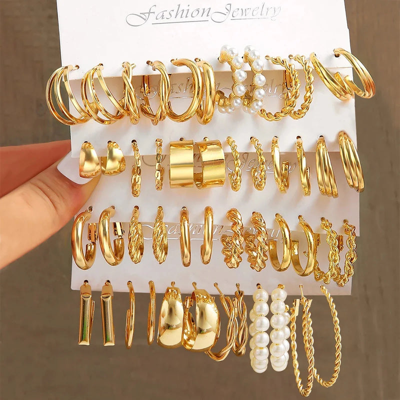 Tamxo™ Gold Pearl Hoop Dangle Earrings Set - Vintage Geometric Twist Circle Jewelry