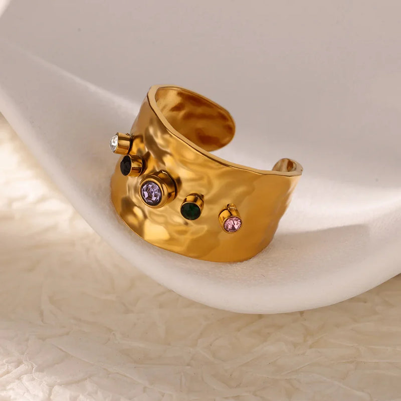 Tamxo™ Colorful Cubic Zircon Wide Band Crystal Ring - Stainless Steel Golden Wedding Jewelry