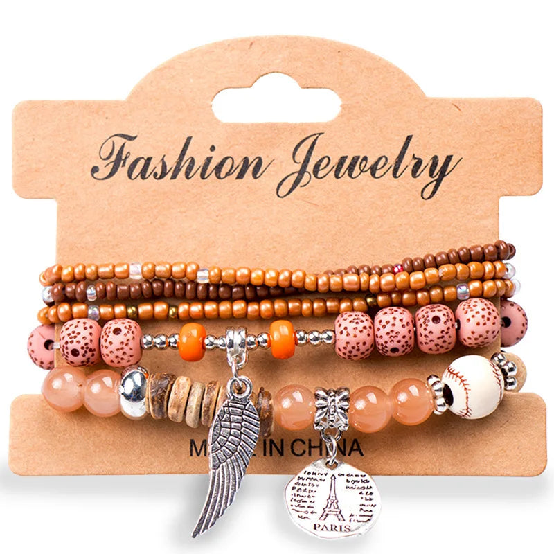 Boho Colorful Bead Bracelet Set Eiffel Tower Wing Charm Stone Bangle by Tamxo™