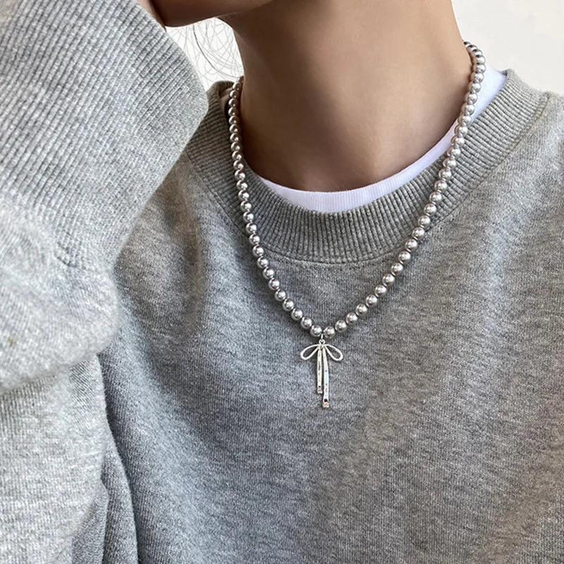 Tamxo™ Gray Pearl Bowknot Pendant Choker: Elegant Vintage Neck Jewelry for Women