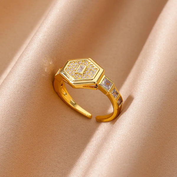 Tamxo™ Zircon Hexagonal Ring - Stainless Steel, Gold Color, Wedding Charm Jewelry